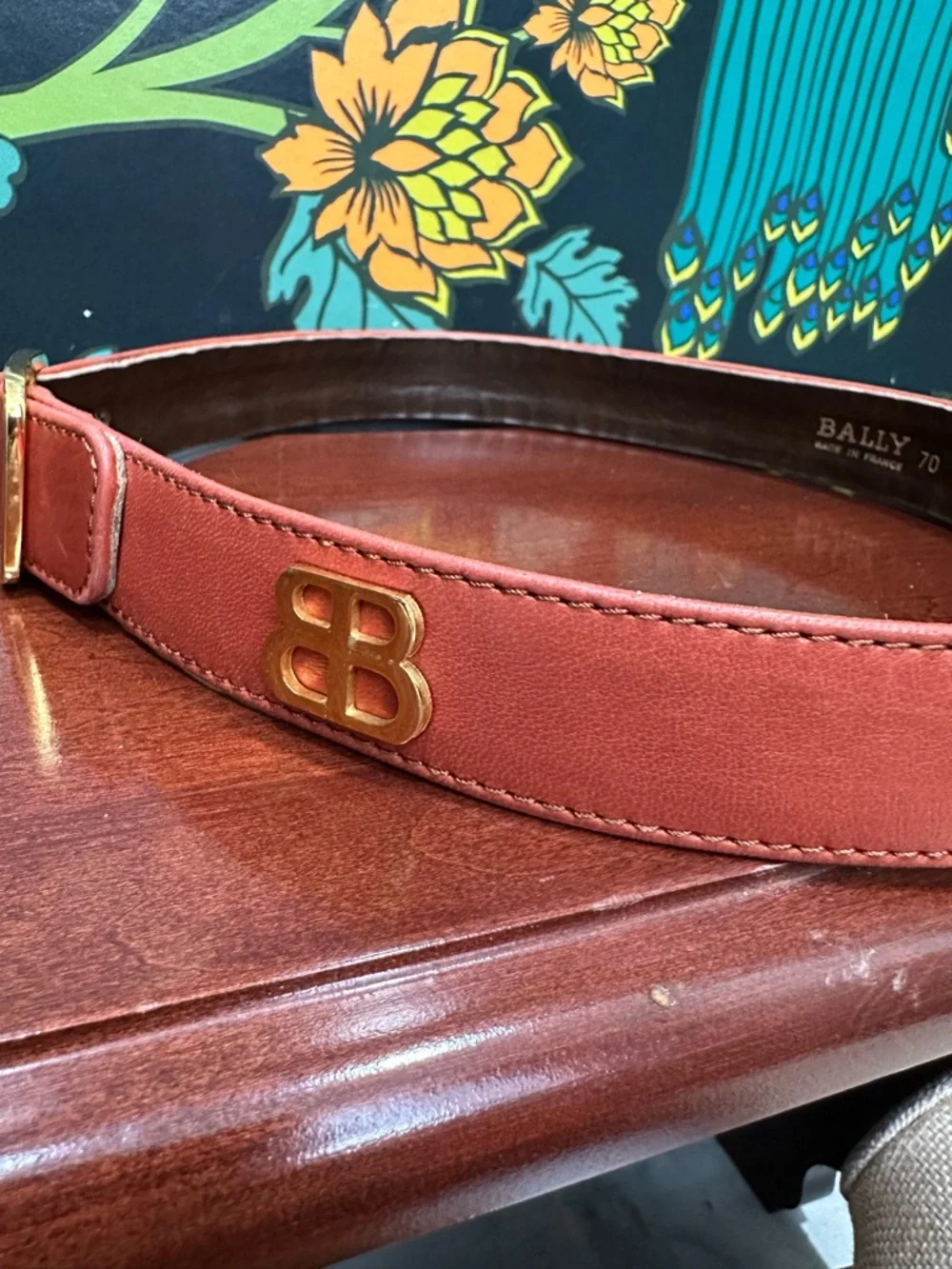 Vintage Bally BB Logo brown Leather Belt Size 70 XS Made in France
